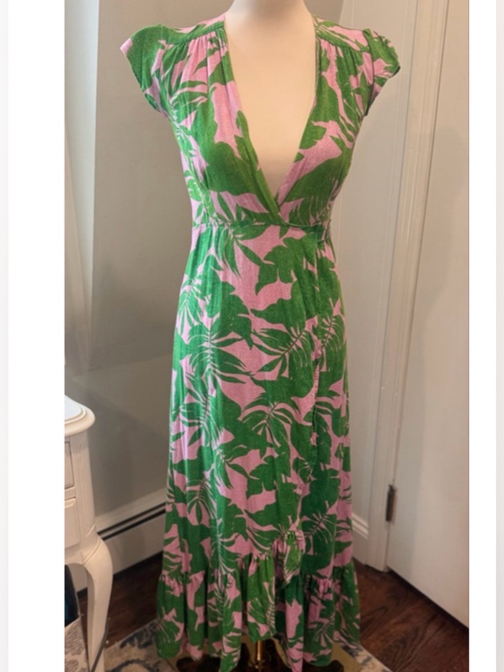 XIX PALMS Women’s Green Pink Tropical Low Cut Print Maxi Dress XS